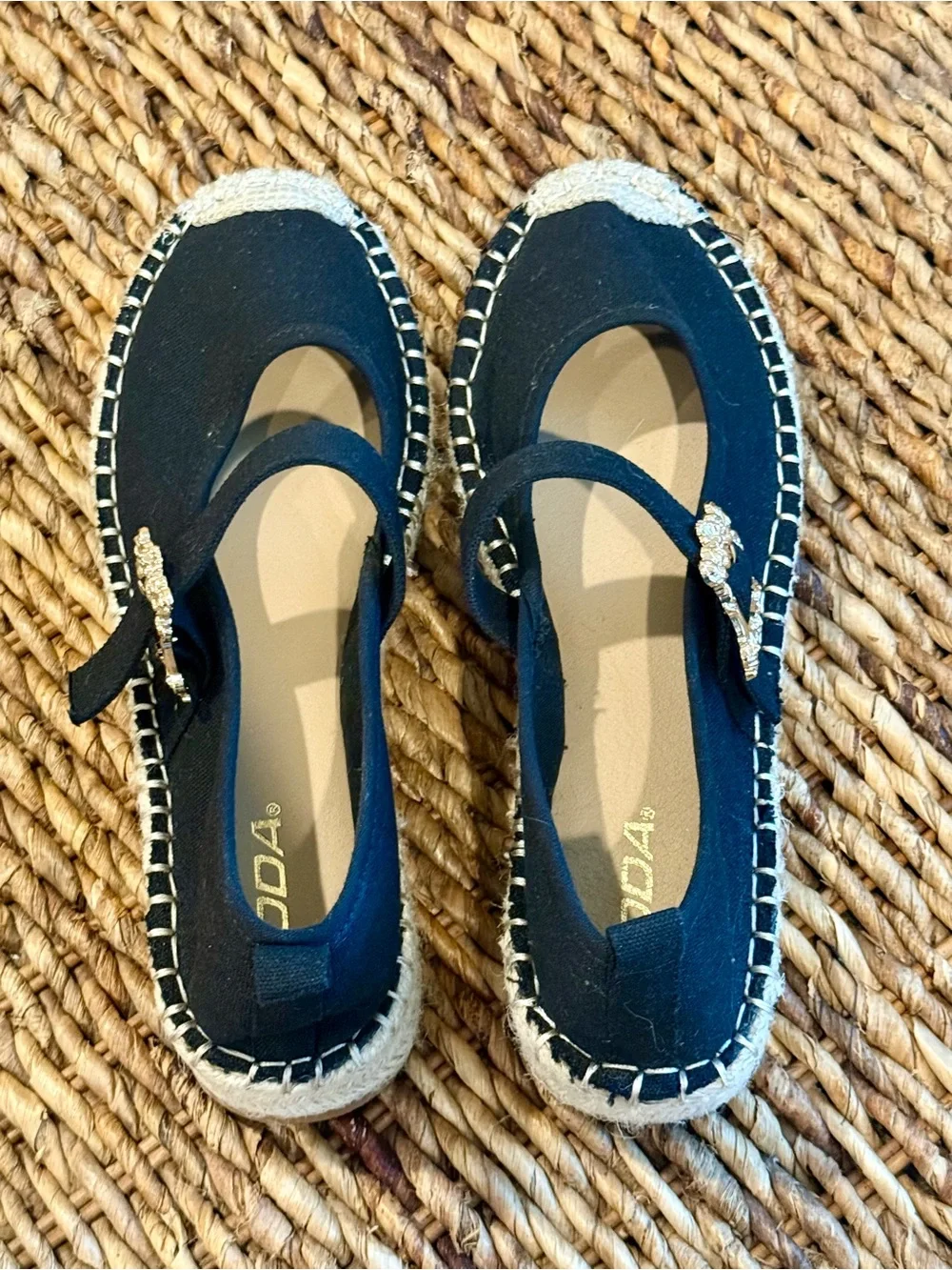 Soda Black Espadrille Mary Jane Flats with Jute Toe